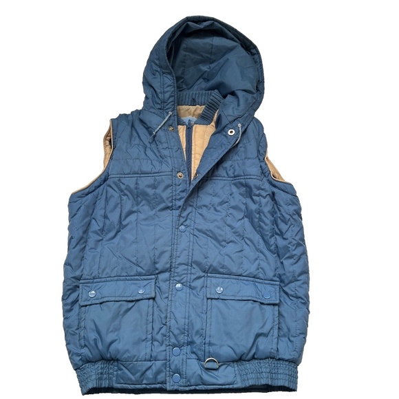Vintage High Impact Puffer Vest w 1/2 Liner Blue & Tan Size M Mens Hood Snaps - Picture 5 of 8